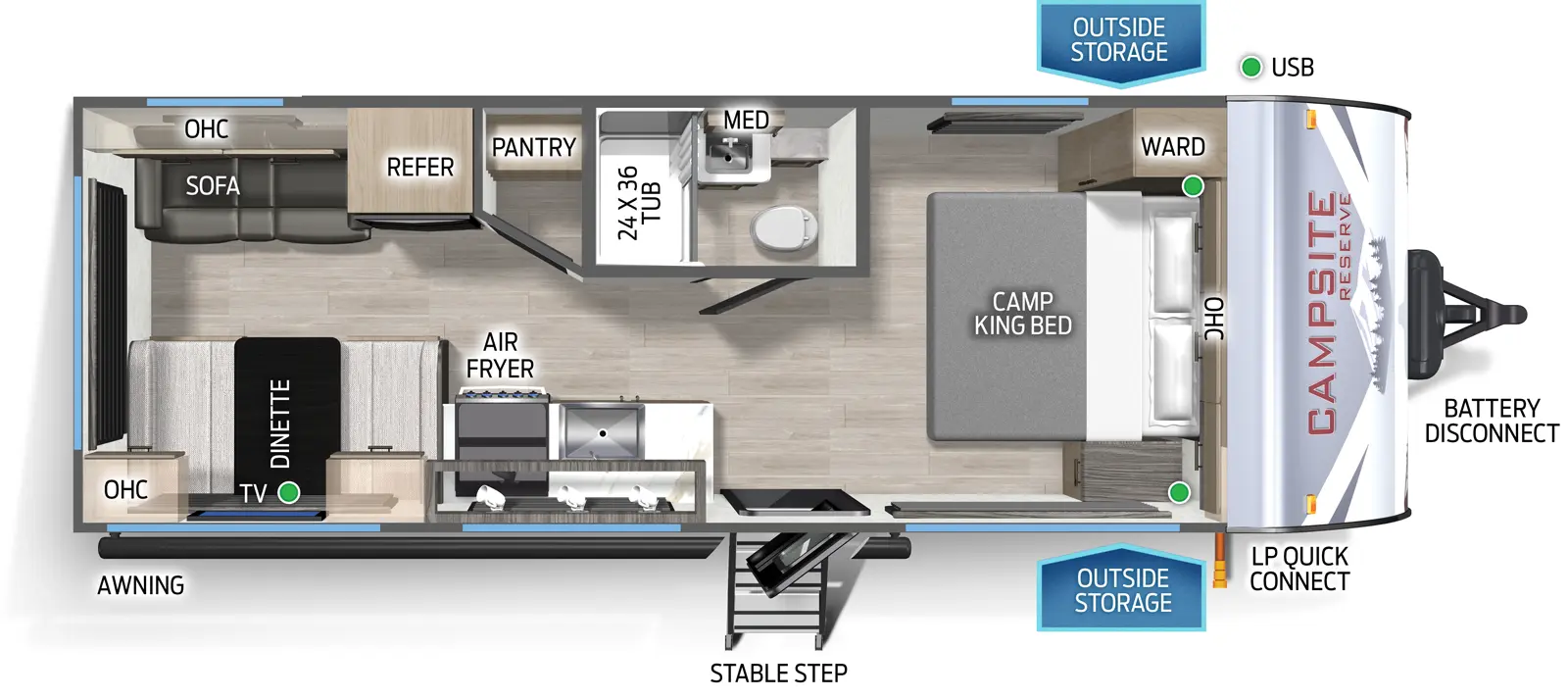 The Campsite Reserve 20LJ floorplan has one entry and zero slide outs. Exterior features include: metal exterior. Interiors features include: front bedroom.